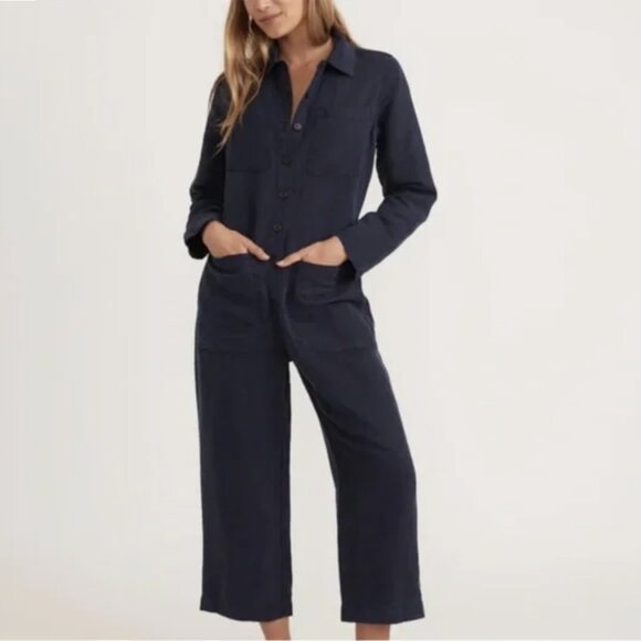 Marine Layer Pants - Marine Layer Linen Charlie Utility Jumpsuit in Black Iris Dark Blue, M